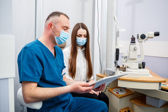Ophthalmologist consultation in a modern new hospital. A modern doctor working with the patient's health.