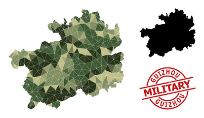 Lowpoly mosaic map of Guizhou Province, and unclean military stamp. Lowpoly map of Guizhou Province is constructed with chaotic khaki color triangles.