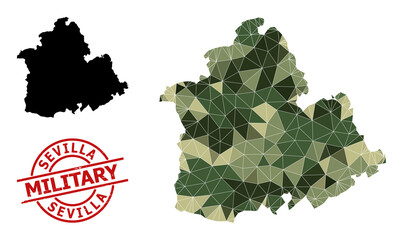 Low-Poly mosaic map of Sevilla Province, and unclean military stamp. Low-poly map of Sevilla Province is designed from randomized camouflage colored triangles.
