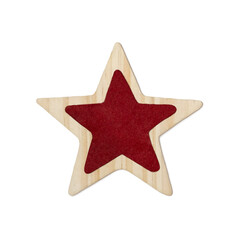 Wooden star shape with red color isolated on a white background.