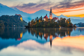 Bled, Slovenia - Sunrise with Julian Alps and Church Santa Maria