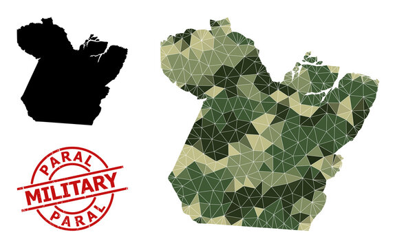 Low-Poly mosaic map of Paral State, and unclean military stamp print. Low-poly map of Paral State combined with random khaki color triangles.