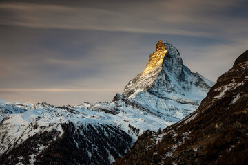 View of Matterhorn, Matterhorn with clouds at sunset.