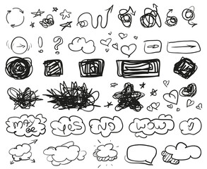 Grunge signs. Big set of different shapes. Hand drawn simple symbols for design. Line art. Infographic elements on white. Abstract circles, arrows, clouds and rectangle. Sketchy doodles for work