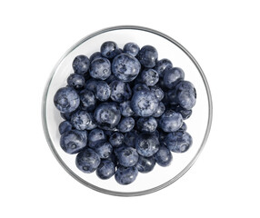 Bowl with tasty ripe bilberries on white background