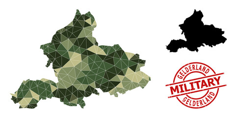 Low-Poly mosaic map of Gelderland Province, and rubber military stamp print. Low-poly map of Gelderland Province is designed from scattered camo color triangles.