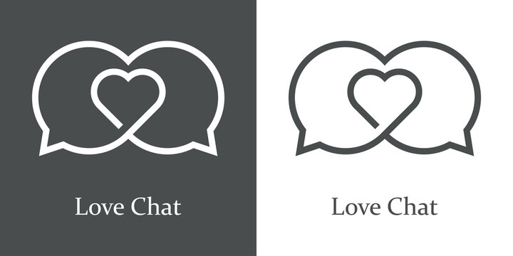 Logotipo con texto Love Chat con 2 burbujas de habla con forma de coraz&oacute;n en su interior con l&iacute;neas en fondo gris y fondo blanco