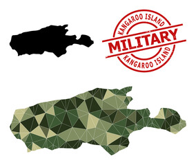 Low-Poly mosaic map of Kangaroo Island, and grunge military stamp imitation. Low-poly map of Kangaroo Island constructed with chaotic camo filled triangles.
