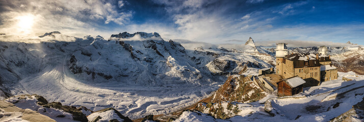 Snowy panorama of Gornergrat with Gorner glacier
