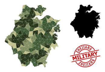 Low-Poly mosaic map of Zhejiang Province, and scratched military seal. Low-poly map of Zhejiang Province designed of scattered camo filled triangles.