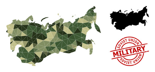 Low-Poly mosaic map of USSR, and grunge military stamp seal. Lowpoly map of USSR is combined with random khaki colored triangles. Red round stamp for military and army abstract illustrations,