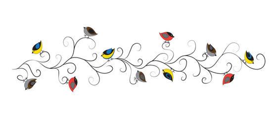 Drawing of colorful winter birds on twisted branch - bullfinches, titmouses, sparrows on white background. Vector texture for textile print, kids fabric, card, flyer, website. Сan be repeted.
