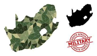 Low-Poly mosaic map of South African Republic, and textured military watermark. Low-poly map of South African Republic constructed from chaotic camouflage colored triangles. © Sergey