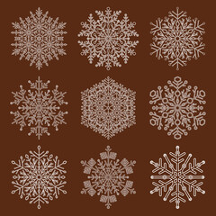 Set of white vector snowflakes. White winter ornaments. Snowflakes collection. Snowflakes for backgrounds and designs