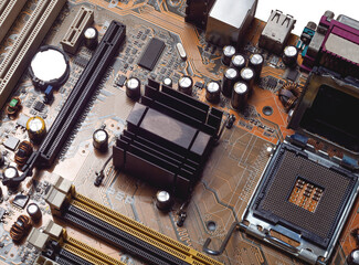 Computer motherboard close-up, heatsink, processor socket LGA