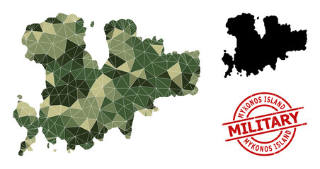 Low-Poly mosaic map of Mykonos Island, and unclean military stamp print. Low-poly map of Mykonos Island constructed of chaotic camo color triangles. - obrazy, fototapety, plakaty