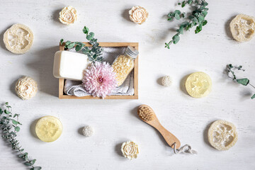 Spa composition flat lay on white background.