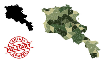 Low-Poly mosaic map of Armenia, and distress military stamp imitation. Low-poly map of Armenia combined from randomized camo colored triangles.