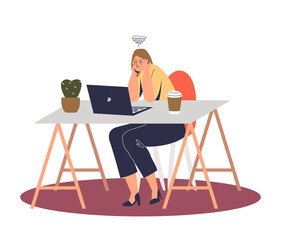 Fototapeta premium Stressed young female worker workaholic pensive thinking on problem solution on workplace