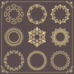 Vintage set of vector round elements. Different elements for design frames, cards, menus, backgrounds and monograms. Classic patterns. Set of vintage golden patterns