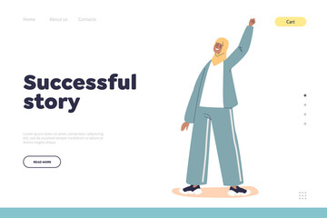 People with story of success concept of landing page with cheerful young woman excited of victory