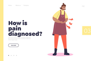 Pain diagnosed concept of landing page with unhappy woman suffer from stomach ache