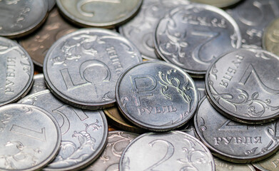 Russian ruble coins and banknote. Money of Russia