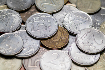 Russian ruble coins and banknote. Money of Russia