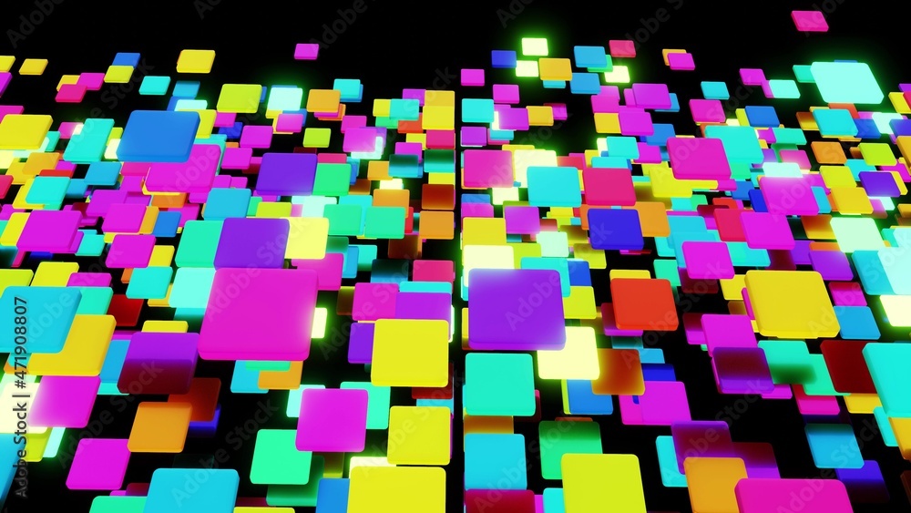 Poster 3d render. simple geometric background with colorful plates on plane flashing like neon lights. crea