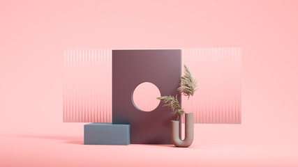 Square wall with round hole and small blue podium on the pink background. Natural showcase. Minimal design. 3d rendering.