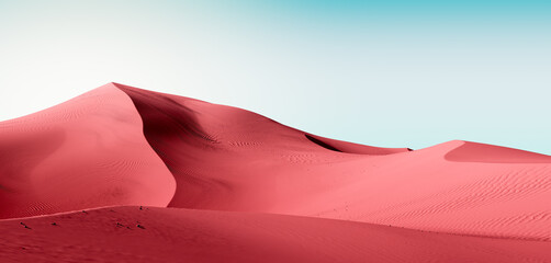 Fototapeta na wymiar Dark pink dunes and blue sky. Desert dunes landscape with contrast skies. Minimal abstract background. 3d rendering
