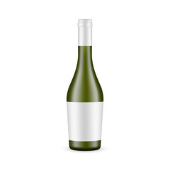 Green Glass Bottle Mockup for Wine or Cognac with Blank Label, Isolated on White Background. Vector Illustration