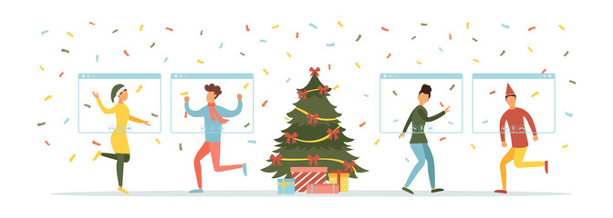 Internet party, meeting with friends. People celebrate Christmas and New Year together in quarantine. Vector illustration.