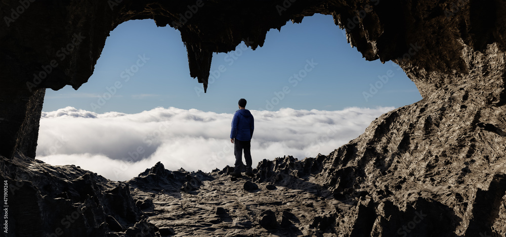 Wall mural dramatic adventurous scene with man standing inside an alien like rocky cave landcspae. 3d rendering