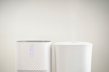 Modern humidifier and air purifier, closeup. Space for text.