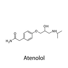 Atenolol molecular structure, flat skeletal chemical formula. Beta blocker drug used to treat Hypertension. Vector illustration.
