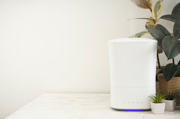 Modern humidifier and indoor plants on table in room, space for text.