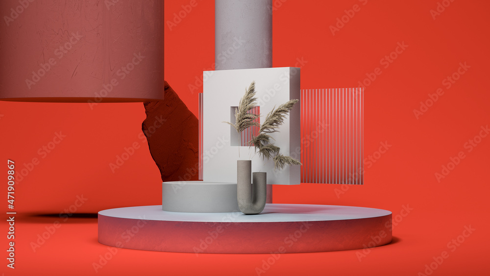 Poster round podium display, differemt abstract geometric figures and plant in vase on red background. mini