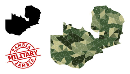 Low-Poly mosaic map of Zambia, and rubber military badge. Low-poly map of Zambia combined with chaotic camo colored triangles. Red round stamp for military and army concept illustrations,