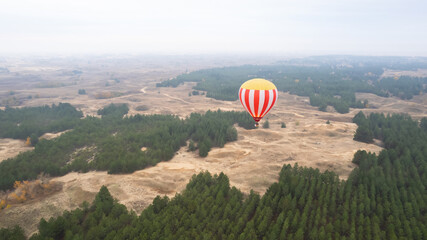 Air baloon flying above the green forest and sand of desert