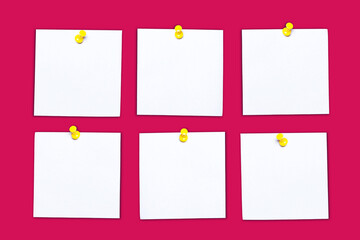 Sticky notes background. Reminder cards pinned to pink wall. Office message texture. Empty copy...