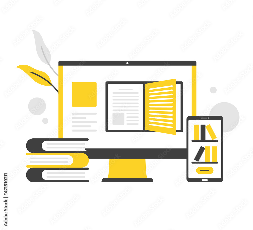 Aufkleber digital library, online library. flat vector illustration. computer with open book on screen. mobile