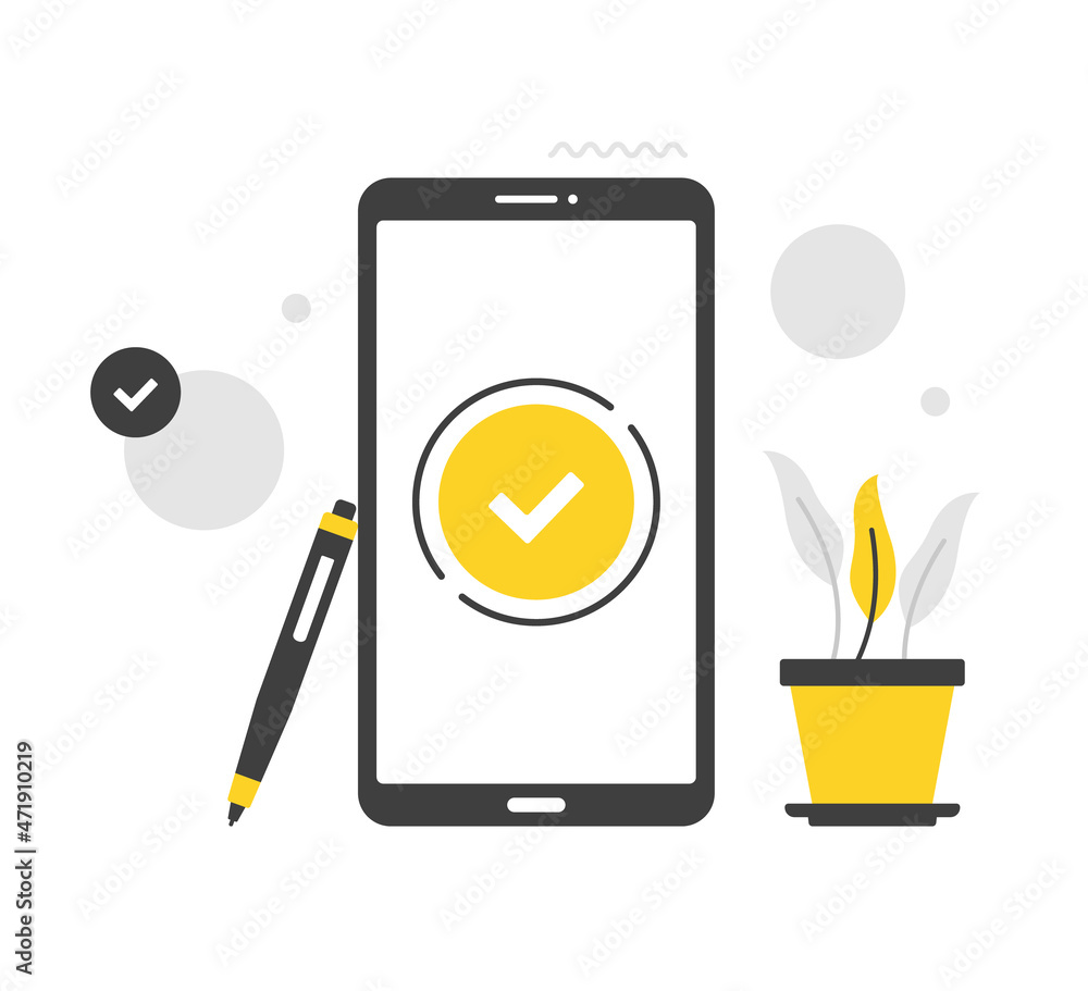 Poster check mark on mobile phone screen. flat vector illustration. smartphone, pen and tick button. modern