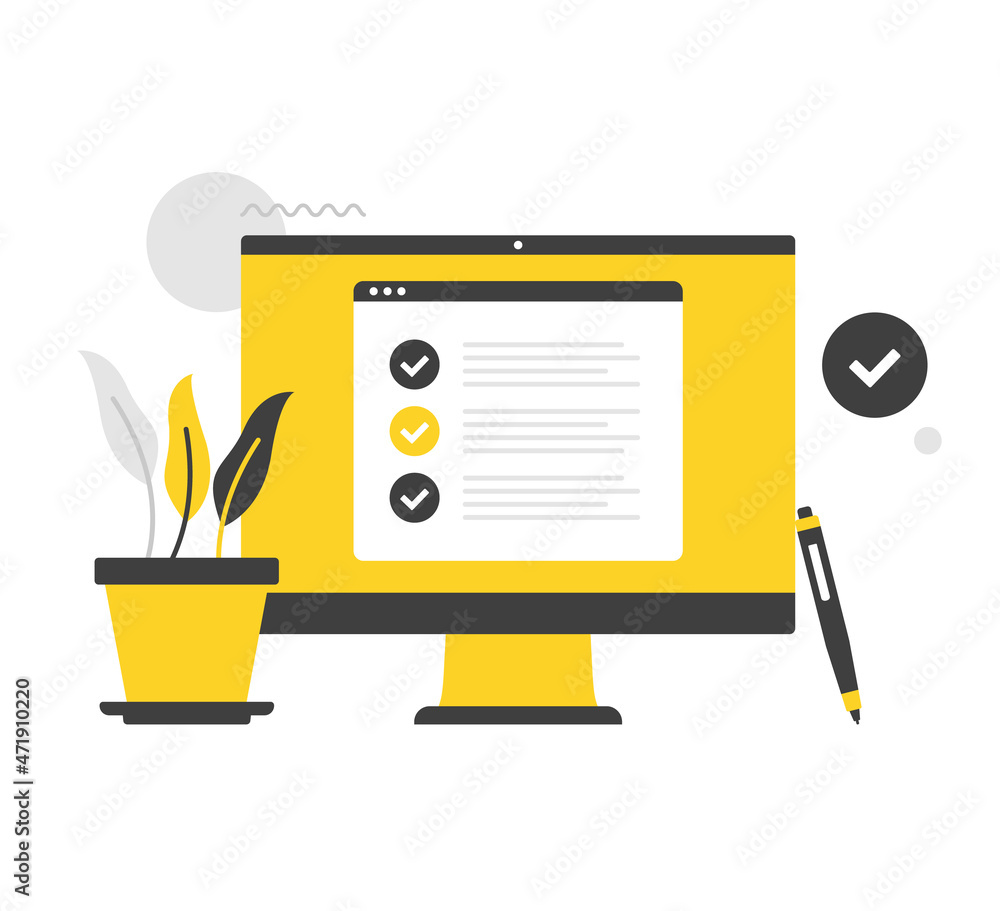 Aufkleber checklist. flat vector illustration. checklist on computer screen. survey, check list, website with 