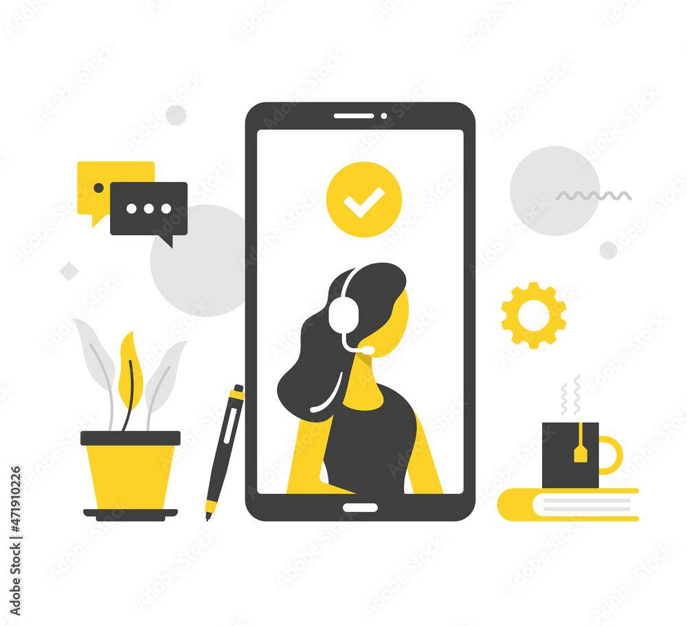 Poster customer support. flat vector illustration. mobile phone with customer service representative and ch