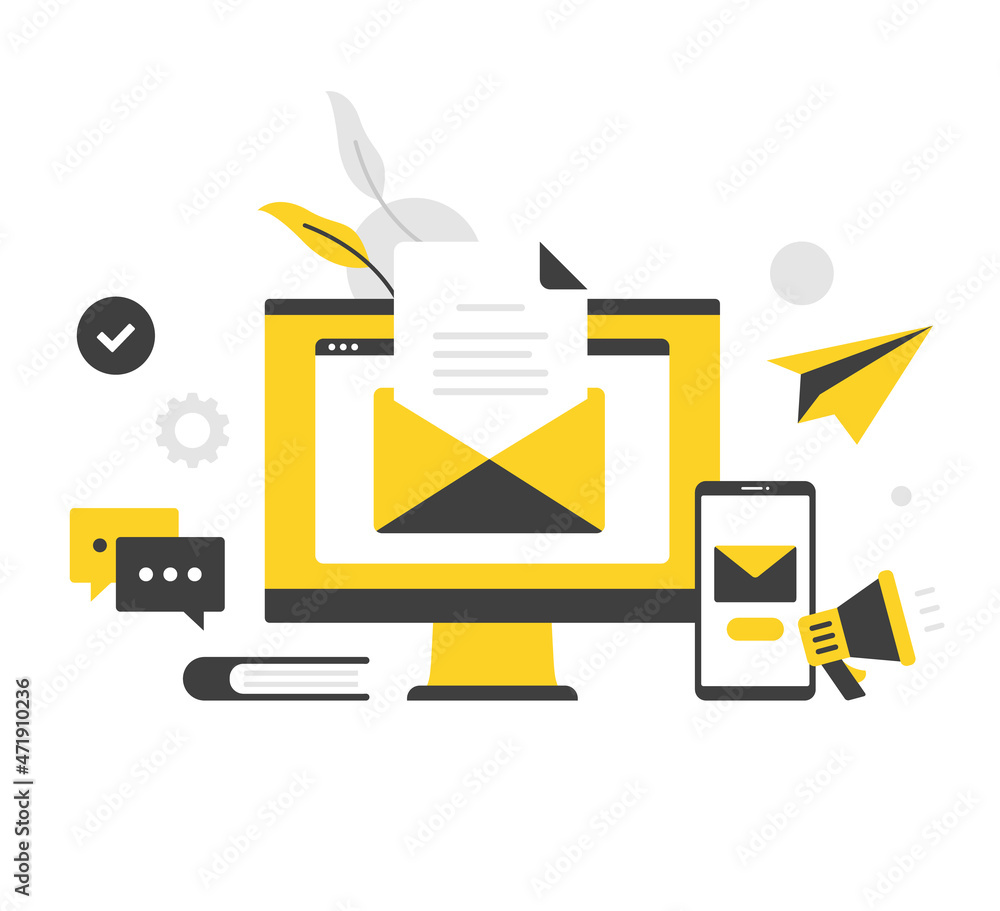 Poster email. flat vector illustration. computer with envelope on screen, smartphone with letter. e-mail, n