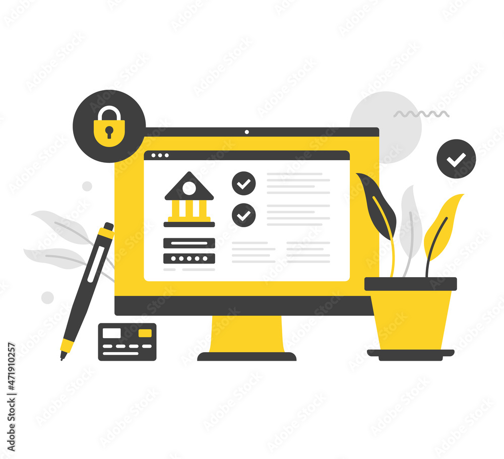 Poster online banking. flat vector illustration. computer with bank website on screen. internet banking. mo