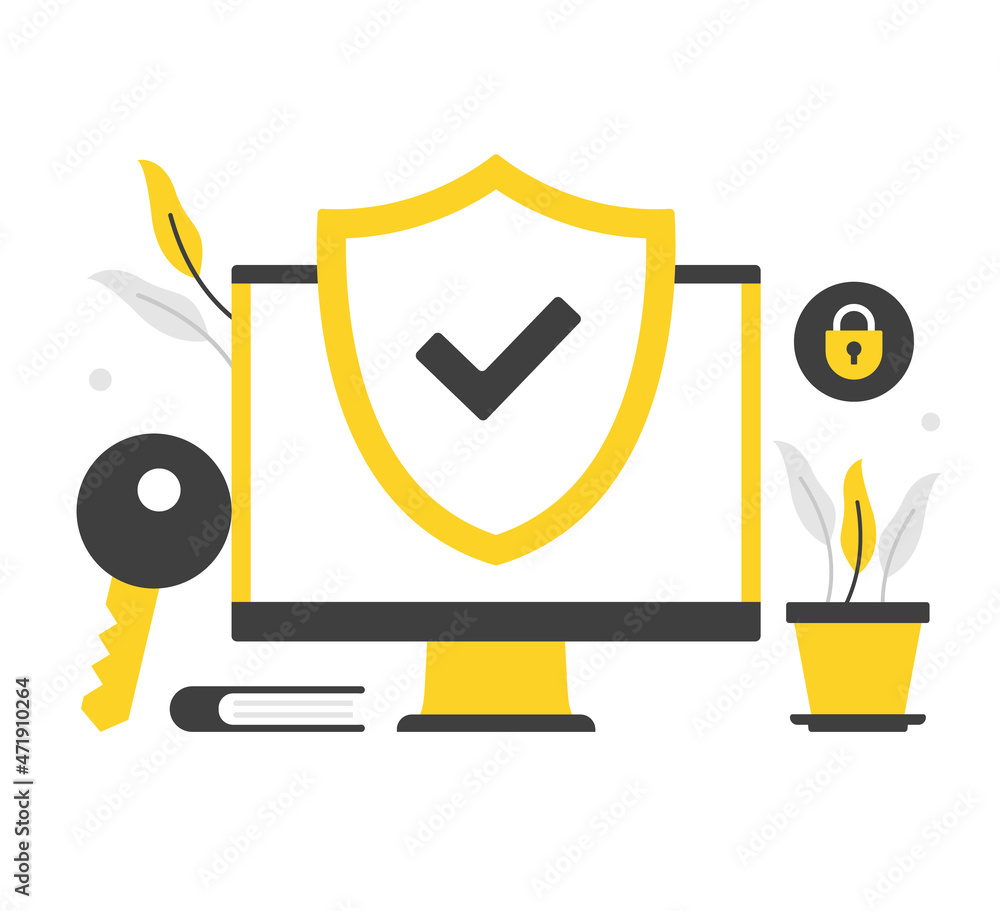 Poster computer security. flat vector illustration. computer with shield and check mark on screen. cybersec