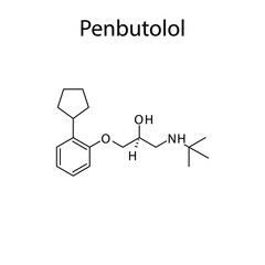 Penbutolol molecular structure, flat skeletal chemical formula. Beta blocker drug used to treat Hypertension. Vector illustration.