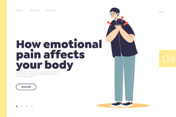 Emotional pain affect on body concept of landing page with man suffer from chest ache